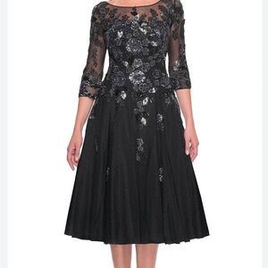 La Femme Black and Silver Floral Dress NWT